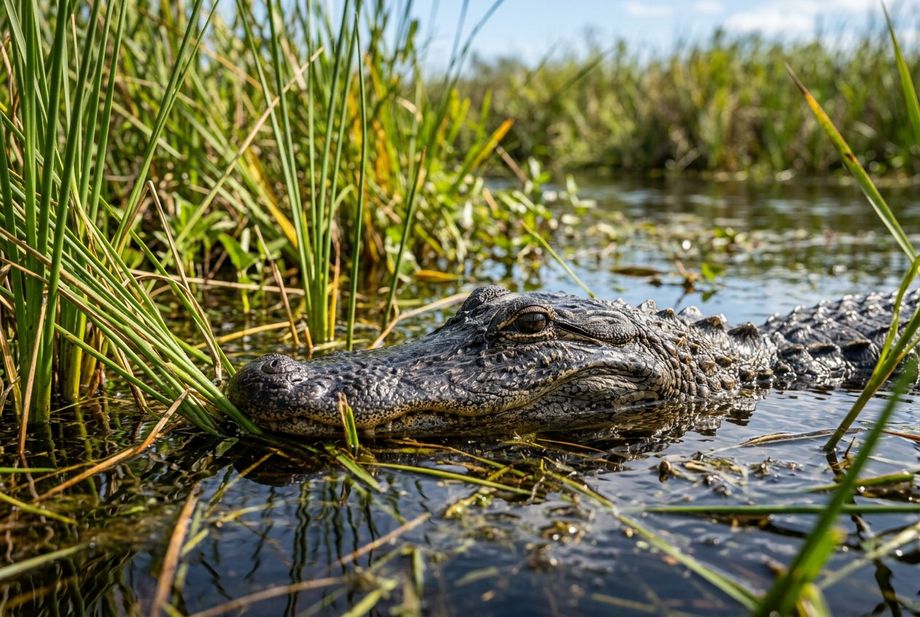 A wild American alligator in the Everglades water
