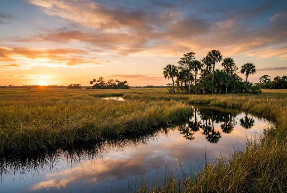 The Everglades sawgrass wetland at golden hour